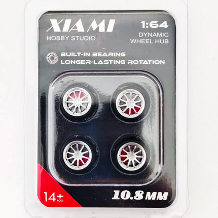 1 Set 10.8mm 1/64 Model Car Wheels for HW Ball Bearing Tires with Brake Disc Caliper Axles Rims for 1:64 Toy Models Tomica JDM