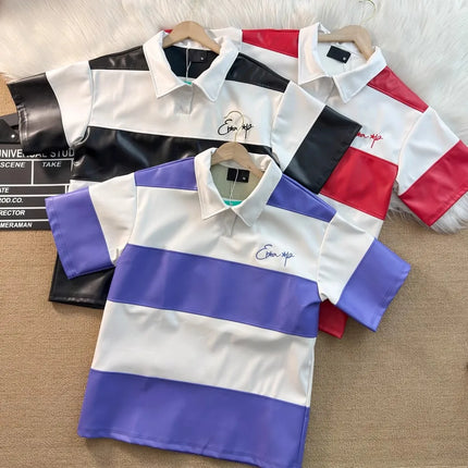Splice Color Stripe Pu Leather Lapel Collar T Shirt Black Purple Red Polo Shirt Men Women High Quality Casual Short Sleeve Tops