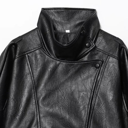MUJER Black Faux Leather Jackets for Women Outerwears Office Women's Bomber Jacket Snap Button Demi-season Jacket for Women Coat