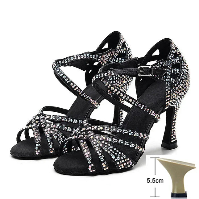 Latin Dance Shoes Women High Heels Hot Selling Diamond-encrusted Sandals Indoor Soft-soled Stage Game Party Social Ballroom Girl