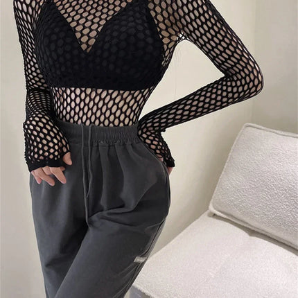 FY108 Sexy Black Fishnet Mesh See Through Women Skinny Goth Hollow Out Long Sleeve Shirts Crop Top T-Shirt Streetwear Gothic
