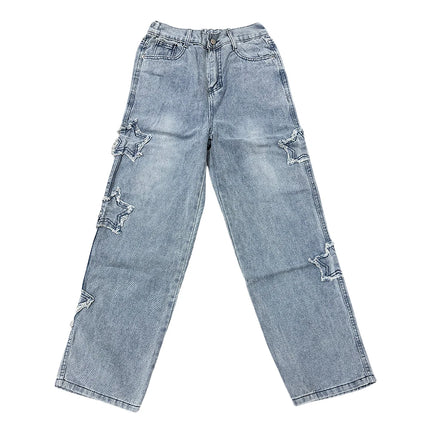 New Men's Star Embroidered Fashion Baggy Jeans Y2K Streetwear Hip Hop Oversize Straight Loose Denim Trousers Wide Leg Pants