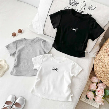 Korean Summer Bowknot Casual Short Sleeve T-shirts for Kids 0-12 Years Cotton Toddler Girl Tops Baby Girls Tees Students Clothes