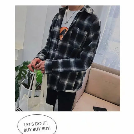 Casual Plaid Long Sleeve Men's Shirt Autumn Korean Style Loose Fashionable Outerwear Couple's Casual Shirt Comfortable Fit