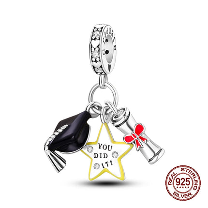 100% 925 Sterling Silver Graduation Season Series Owl Bachelor's Hat Charms Beads Fit 3mm 925 Original Bracelets DIY Jewelry