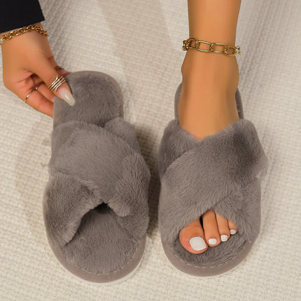 Cross Band Fur Slippers for Women Fluffy Open Toe Shoes Plush Flat Home Fuzzy Floor Slipper Woman Cozy Warm Soft Sole Anti Slip