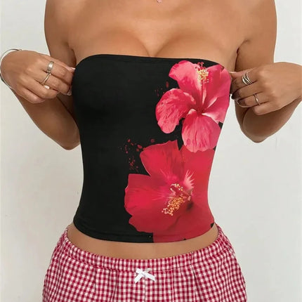 Women's Floral Printed Tube Top Summer Sexy Off the Shoulder Crop Top Streetwear