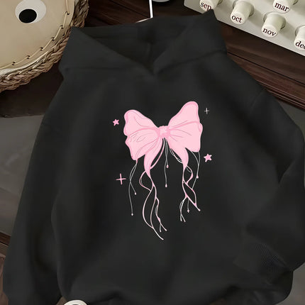 Girls Hooded Sweatshirt  American Bow Pattern Loose Pullover Fun Print Design for Girls Casual Long Sleeve Pullover with Pockets