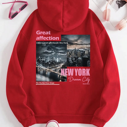 New York Dream City Printed Hoodies Casual Fashion Women Pullover Fleece Warm Pocket Sweatshirt Sporty Oversize Street Clothes