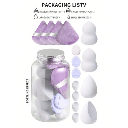 15pcs Mini Honey Pot Style Cosmetic Sponge Set - 4 Large Beauty Blenders, 4 Fan-Shaped Powder Puffs, 4 Mini Beauty Blenders, And
