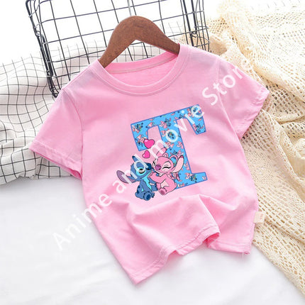 Stitch Disney T Shirt for Girls Children Clothes Tops Children's Clothing Letter A-Z Cotton Short Sleeve Summer Child Cute Gifts