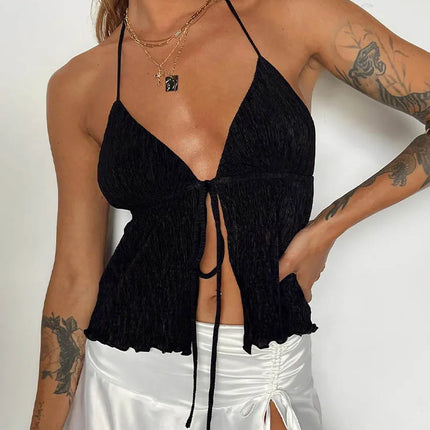 Women's Halterneck Crop Tops Summer Solid Color Bandage Open Front Backless Sleeveless Green Tops Y2K Streetwear