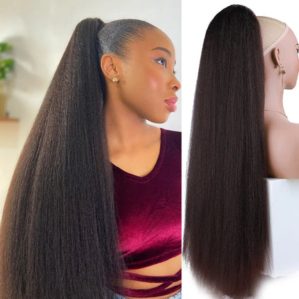 Extra Long Yaki Straight Synthetic Ponytails 30 Inch Synthetic Ponytail Hair Extensions Puffy Yaki Straight Drawstring Ponytails