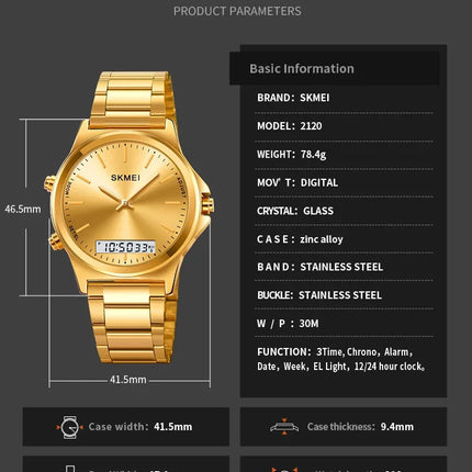 SKMEI 2120 Digital Quartz Watch for Men Waterproof Sport Dual Display Stainless Steel Mens Wristwatches Alarm Clock Reloj Hombre