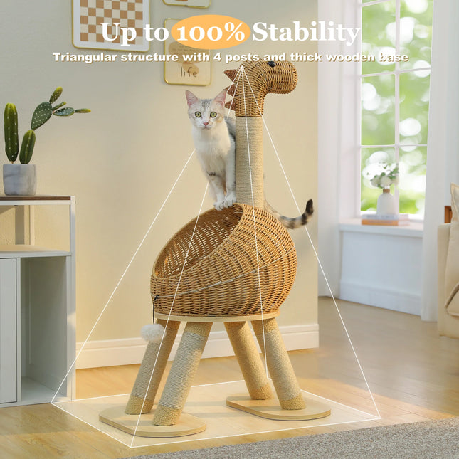 Dinosaur Cat Tree Tower with Sisal Scratching Post, Large Rattan Cat Condo for Indoor, Wicker Cat Bed with Removable Mat, Cat Toys