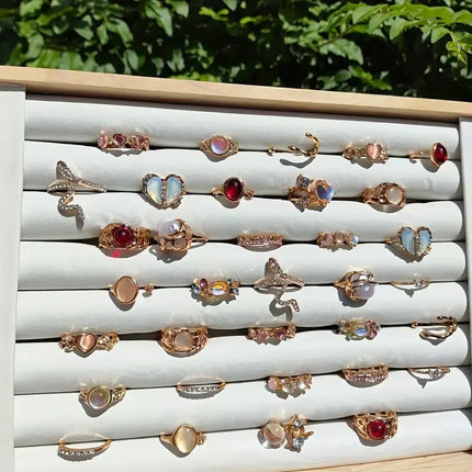 10/17Pieces Fashion Heart & Cat Eye Opal Ring Set For Women Mix Style Open Adjustion Daily Jewelry Party Gifts