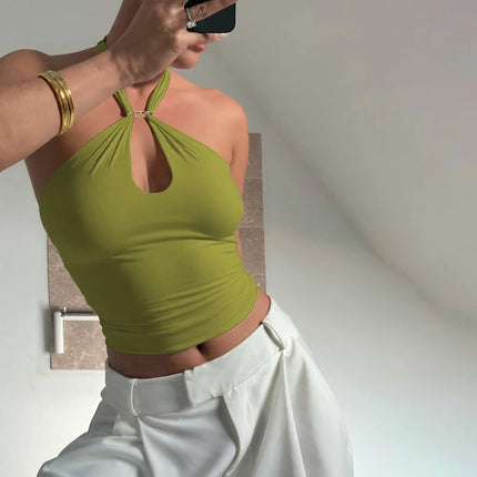 Hugcitar Women's Fashion Halter Solid Loop Backless Bandage Sexy Crop Tank Top 2025 Summer Casual Clothes Streetwear Vacation Club