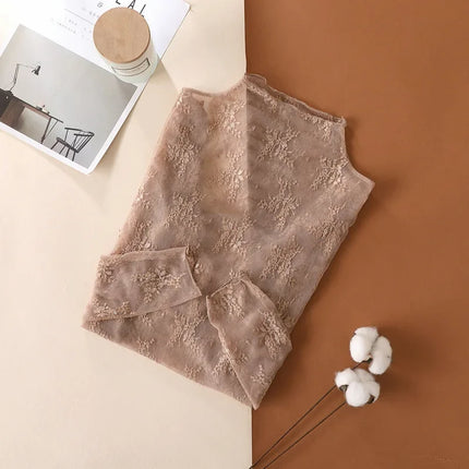 Trendy Sexy Women Mesh T-Shirts Transparent Lace Blouse Long Sleeve See Through Tops for Women O Neck Sheer Tees Body Crop Top