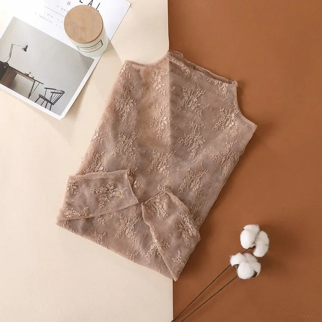Trendy Sexy Women Mesh T-Shirts Transparent Lace Blouse Long Sleeve See Through Tops for Women O Neck Sheer Tees Body Crop Top