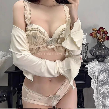 Japan Style Embroidered Mesh Bralette Wireless Breathable Comfort Sweet Cute Lingerie Set Pure Sensual Ruffle Edge Small Chest