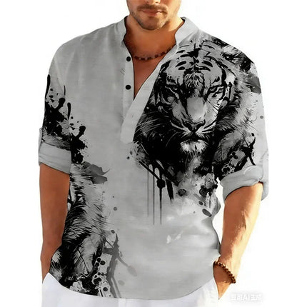 Spring and Autumn 3D Button Polo Shirt Graffiti Stand Collar New Casual Long Sleeved Polo Shirt