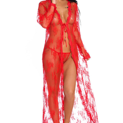 Women's Sheer Floral Lace Robe Long Sleeve Deep V-Neck Open Front Maxi Nightgowns with Thong Sets Sexy Lingeries for Honeymoon