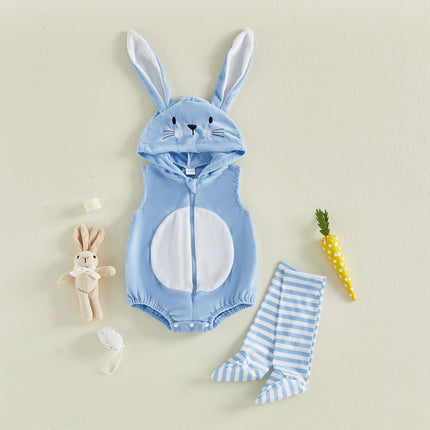 Baby Easter Bunny Costume Sleeveless Hood Zip Up Romper Stripe Long Socks Party Clothes