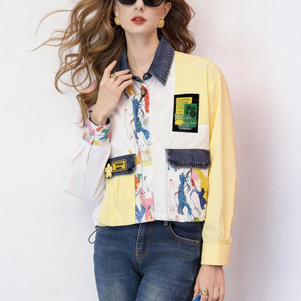 Women Cropped Shirt Denim Patchwork Printed Blouse Loose Fit Casual Spring Fall Shirt Top