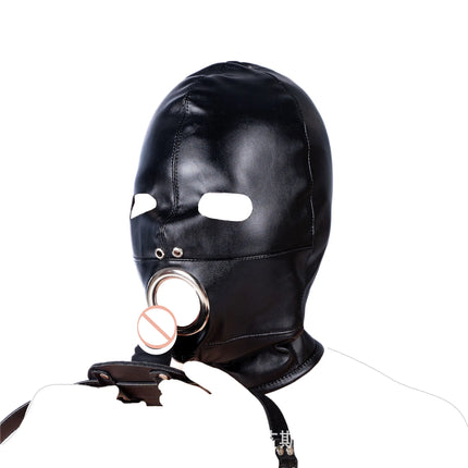 SM Leather Hood Blindfold,Head Harnes Mask With Dildo Penis Mouth Gag,Fetish Slave BDSM Bondage Gimp,Adult Sex Toy For Women Men