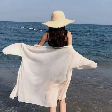 Plus Size Women Shirt Clothing 2025 Summer Beach Travel Solid Color Cape Breathable Cardigan Slight Strech LOOSE FIT