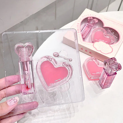 Pink Heart Lip Care Set Moisturizing Reduce Dry Wrinkles Transparent Tint Mirror DUDU Lip Oil Lip Mask Girl Lipstick Makeup Base