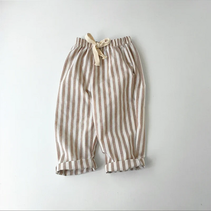 Retro Hemp Cotton Striped Boys' Pants with a Casual and High-end Design Elastic Waist Girls' Clothing Children's Pants