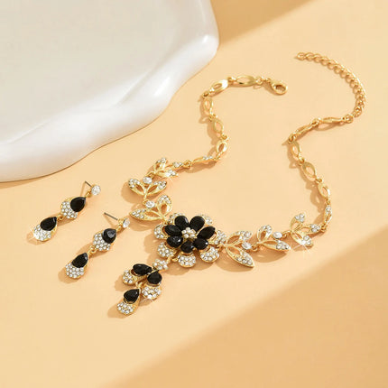 3PC Women's Fashion Trend Black Gold Flower Necklace Earrings Jewelry Set Wedding Banquet Party Festival Gift