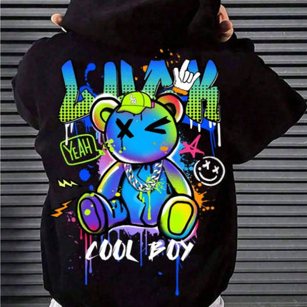 High Design New Men's Autumn Colorful Cartoon Bear Letter Printed Comfortable Soft Hoodie Outdoor Street Versatile Top