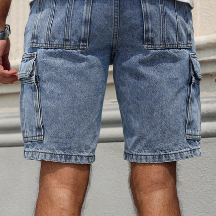 Men's Summer Blue Regular Denim Shorts. Multi-Pocket Design. Stylish and Casual.