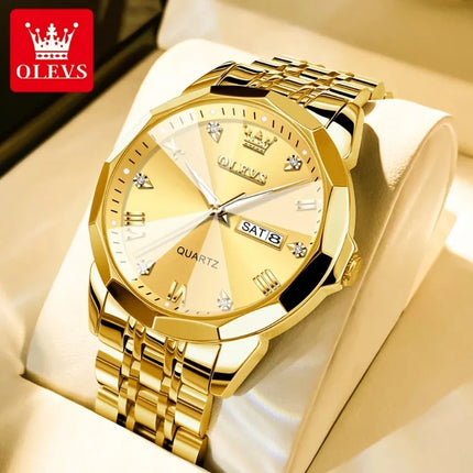 OLEVS Men's Watches Rhombus Mirror Original Quartz Watch for Man Waterproof Luminous Stainless Steel Wristwatch Male Date Week