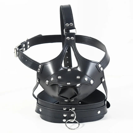 BDSM PU Leather Head Harness Hood Mask with Silicone Dildo Mouth Gag Slave Bondage Role Play Adult Sex Toy Fetish Gear Tools