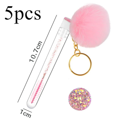 5pcs Gold Keychain Tube Eyelash Brush Eyebrow Comb Microbrush Lash Extension Micro Brushes Makeup Tool Fluffy Fur Ball Decorate