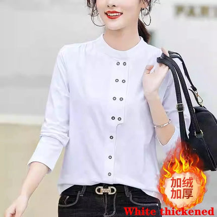 Stand up collar double breasted white long sleeved casual top for spring and autumn new style semi high collar basic top to wear