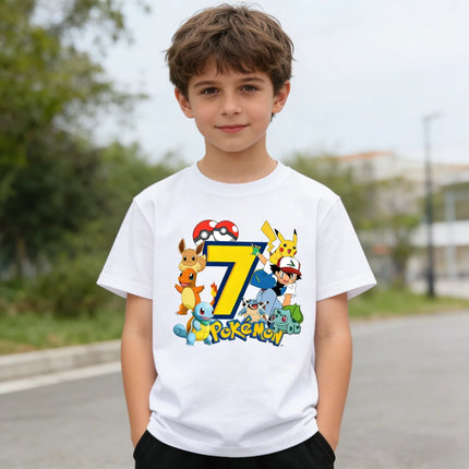 2026 Pokemons Pikachu Kids T Shirts Birthday Number 1-9 Printed T Shirt Boys Girls Summer Short Sleeves Tops Children Clothing