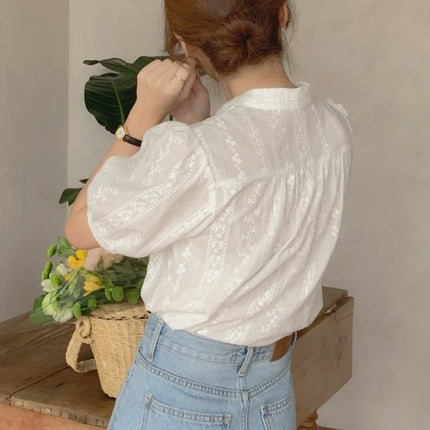 Ele ort Sve Chiffon irt Women's Summer Faion Design Sensation Unique Fairy Aosphere Sli Bubble Sve Blouse