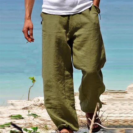 2026 Men's Linen Cotton Straight Tube Breathable Lightweight Beach Style Comfortable Casual Pants for Spring and Summer