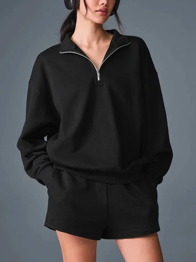 Grey Zipper Stand Collar Sports Hoodies Women Cotton Long Sleeves Women's Pullover Spring Fashion Loose Casual Black Sweatshirt