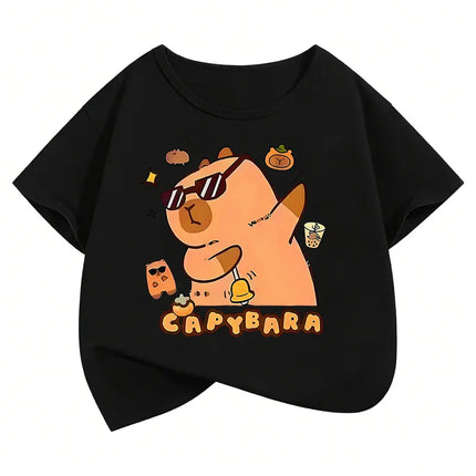 Summer Spring Cute Capybara Print Round Neck Short Sleeved Tee Shirt for Boys and Girls Fashionable Simple Children's T-shirt