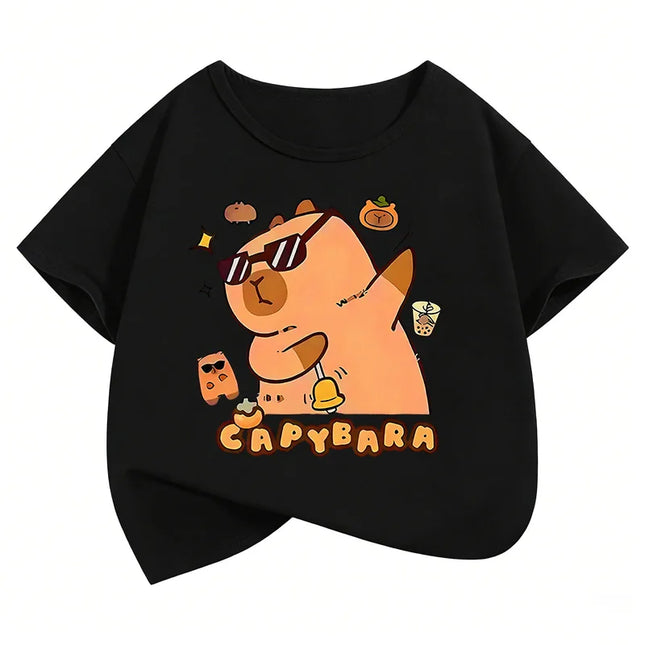 Summer Spring Cute Capybara Print Round Neck Short Sleeved Tee Shirt for Boys and Girls Fashionable Simple Children's T-shirt