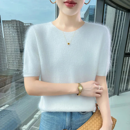 New Knitted Women's 100% mink cashmere short sleeved sweater T-shirt Simple and versatile Women's O-neck pullover FRSEUCAG brand