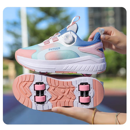 Kids Two Wheels Roller Skating Shoes with Light Magic Stick Walking Shoes, Detachable Wheels Roller Skate Shoes for Teenagers