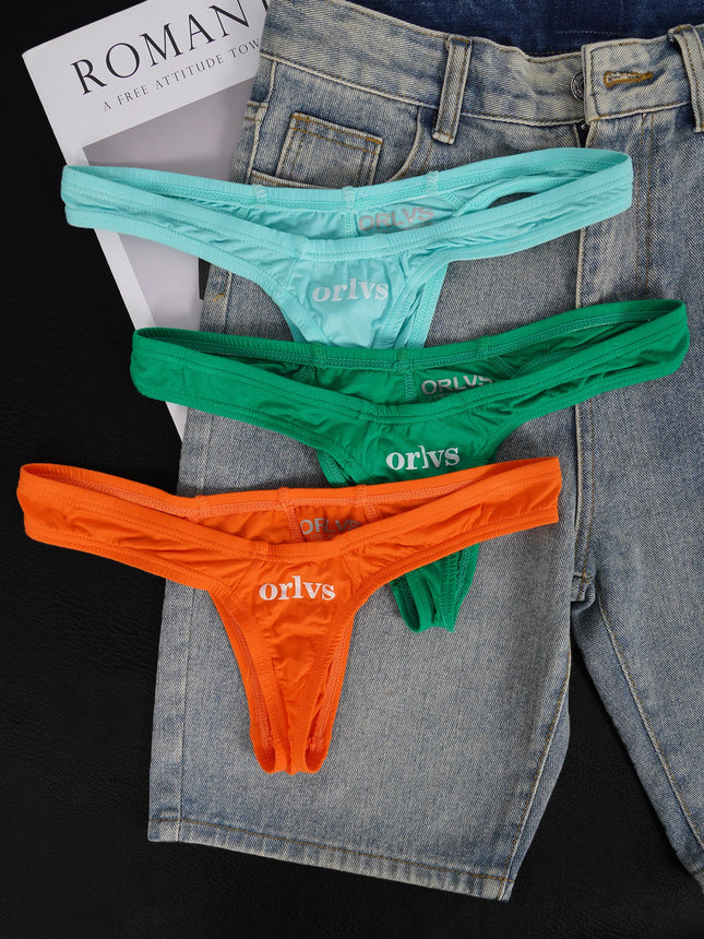 Men's Modal Thong Multi Colors Pack, ORLVS Logo Low Rise Bare Feel Underwear, High Elastic 3D Convex Pouch T-Back Briefs