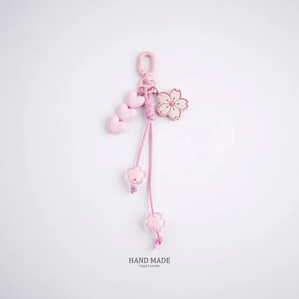 Cute Cherry Blossoms Pendant Keychain Creativity Heart Shape Beaded Woven Rope Small Bell Design Bag Hanging Piece Gift A227