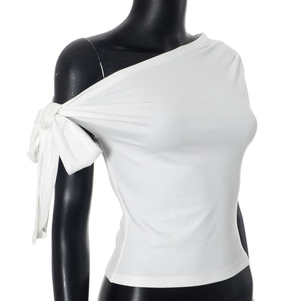 2024 Women's Summer Ins Style New Shrink Pleated One-Shoulder Crop Top Backless Twist Tie Asymmetric T-Shirt Casual Top
